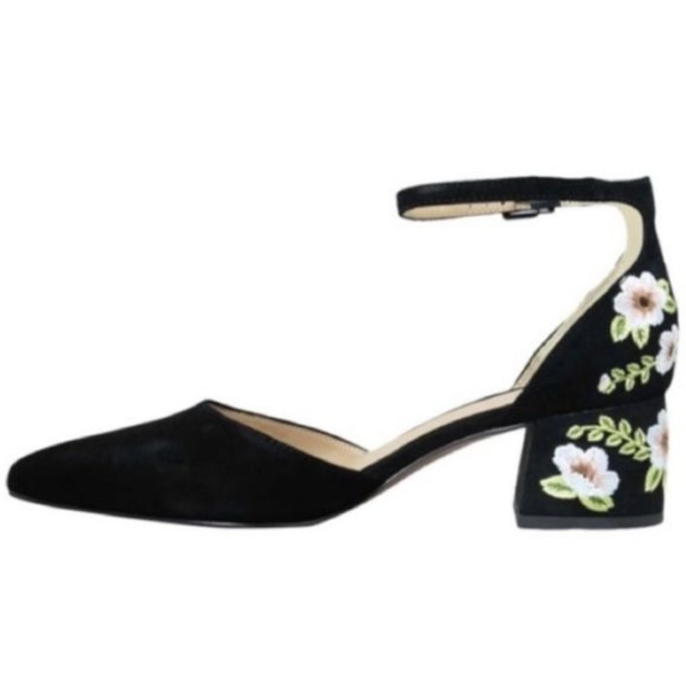Franco Sarto Canopy genuine suede embroidered size 7.5 Dress shoe box heel pump